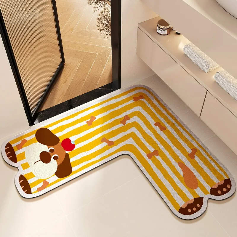 Cute Animal L Shape Door Mat Diatom Mud Water Absorbent Bathroom Carper Toilet Entrance Rug