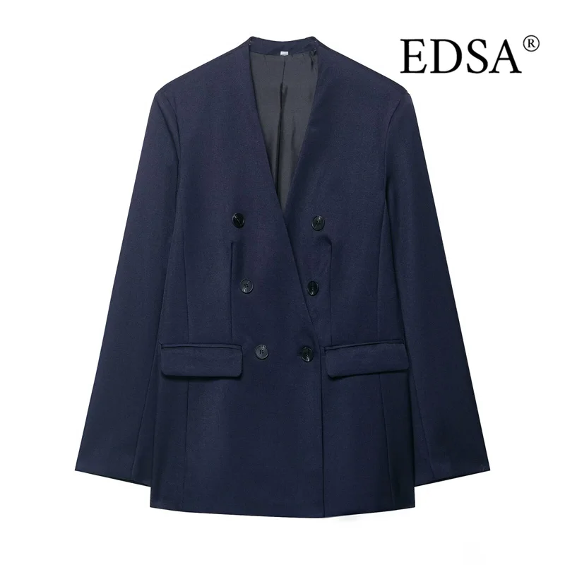 

EDSA женский темно-синий пиджак без воротника с карманами с клапанами и длинными рукавами для офисных женщин, офисное женское пальто, верхняя одежда