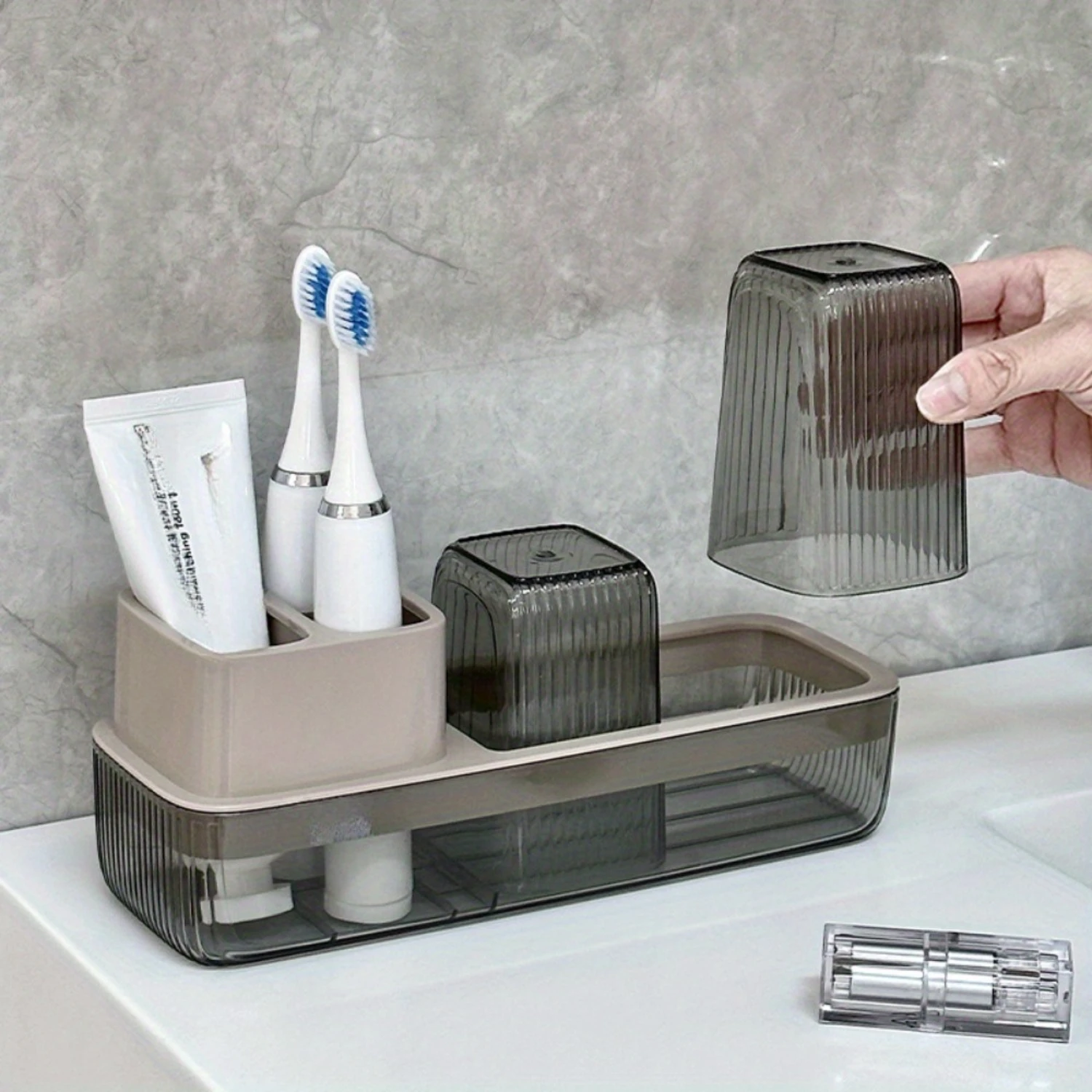 2-In-1 Toothbrush & Toothpaste Holder - Wall-Mounted, No-Drill  Rack With  Toothbrush Dock, Mouthwash Cups (2 Pcs) - Luxury Bath