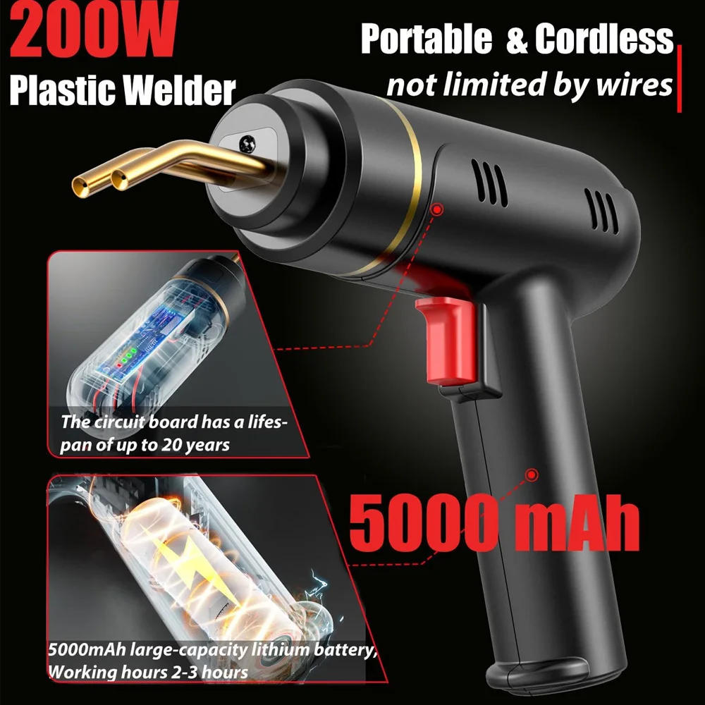 200W / 100W Cordless Plastic Welder Kit, 4Types Hot Stapler,USB Rechargeable Plastic Welder Gun for Car Bumper Repair