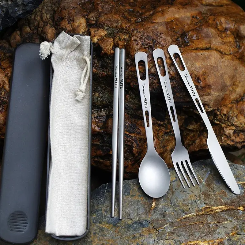 Titanium Tableware Set Outdoor Household Spoon Fork Knife Chopsticks Camping Travel Portable Tableware Set