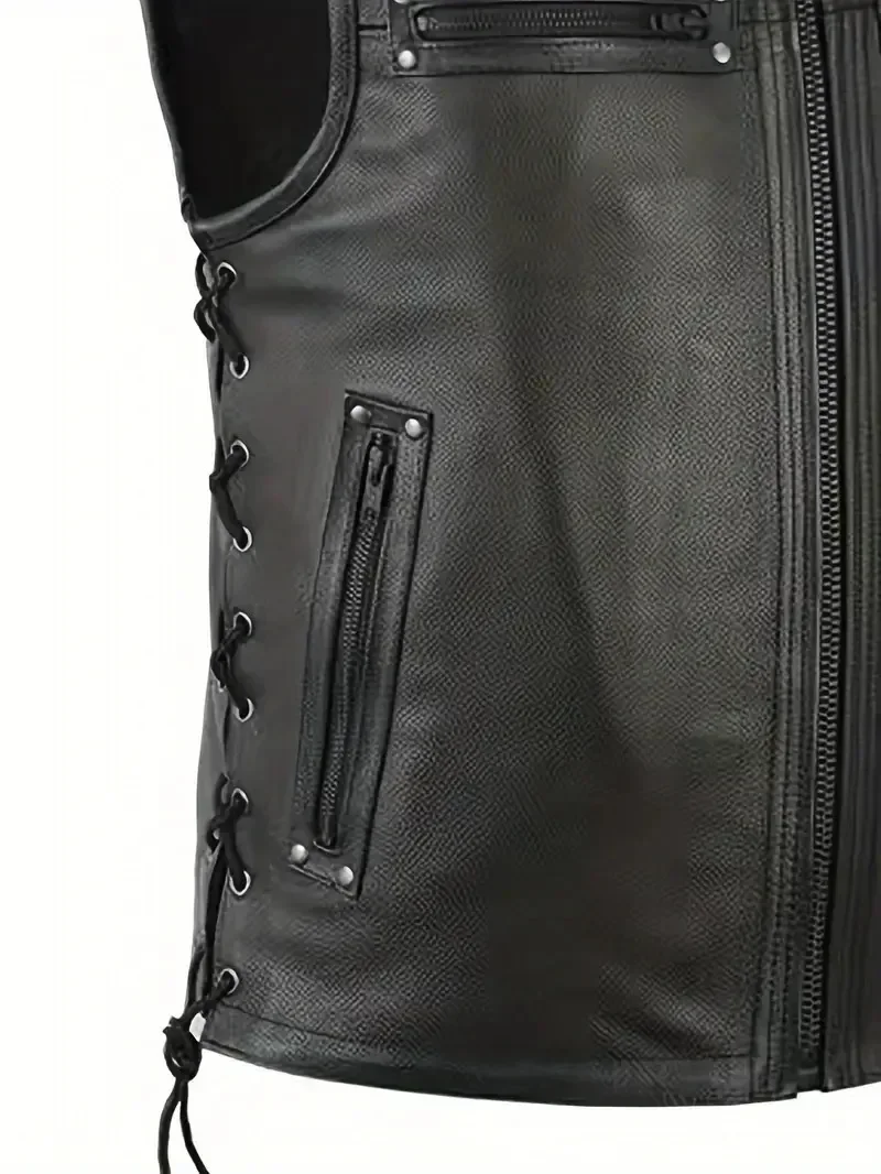 Herren-Motorradweste aus Kunstleder, ärmellose Weste mit Reißverschluss und seitlichen Schnürbändern, ideal für den täglichen Gebrauch im Biker- oder Punk-Stil. – Detail 6