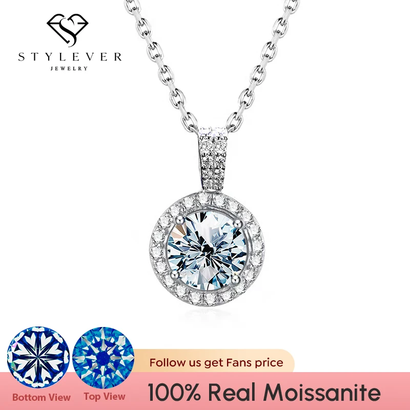 Stylever Luxury Real 1CT Moissanite Diamond Gemstones Round Halo Pendant Necklaces for Women 925 Sterling Silver Fashion Jewelry