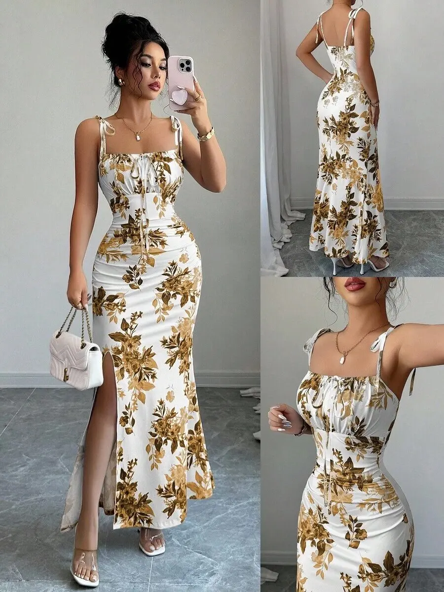 Women Floral Printed Tie Shoulder Cami Mermaid Maxi Dress, Ruched Waist Side Split Evening Party Long Dress