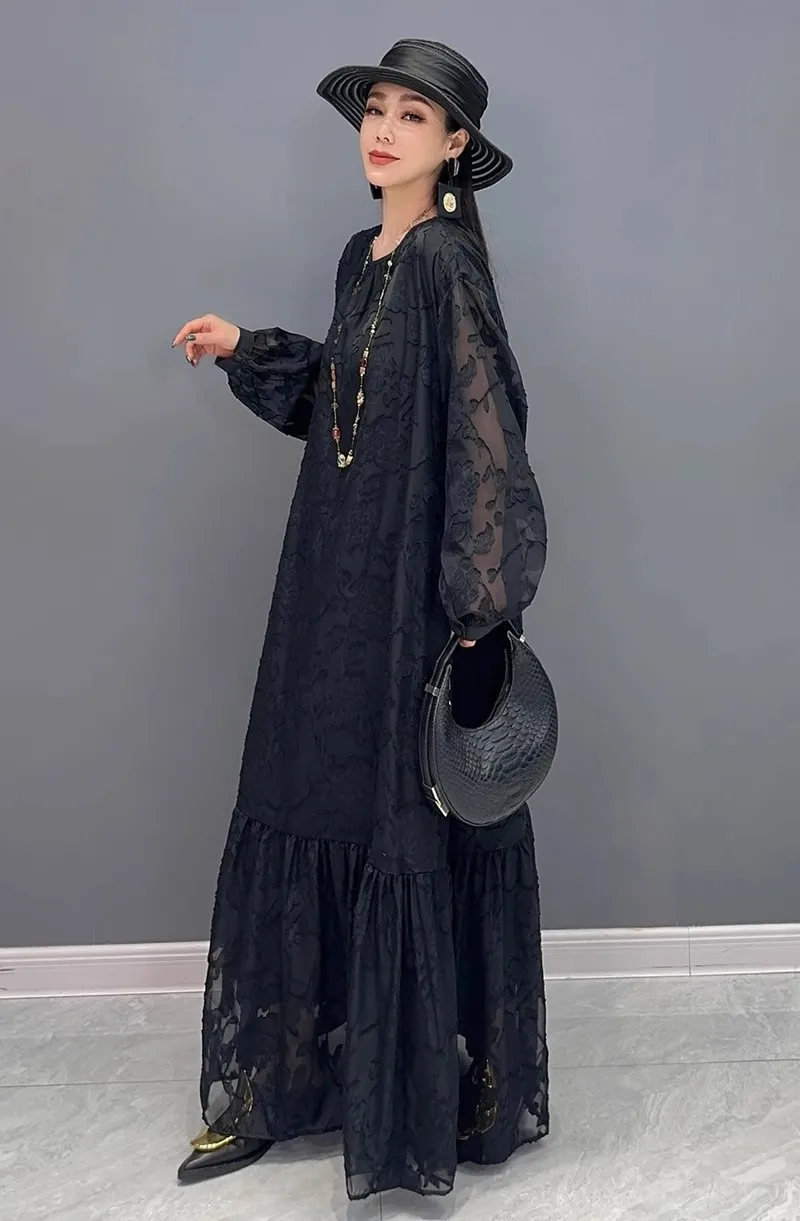 Summer 2024 O Neck Elegant Printed Loose Long Dresses For Women Fashion Black Long Sleeve Dress Female Wholesale