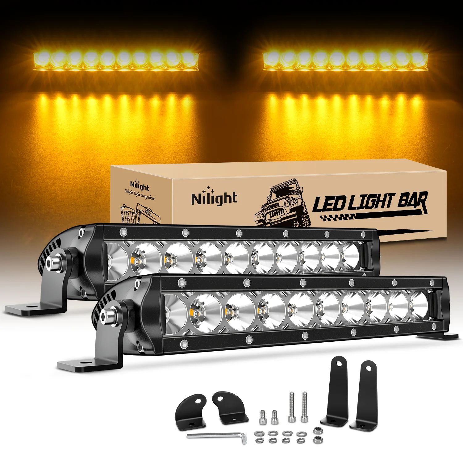 Nilight Slim LED Light Bar 2PCS 11 Inch 26LED Single Row Spot Flood Combo Fog Driving Work Lighting Roof Bumper Lamp Offroad for 4x4 Trucks SUV ATV UTV