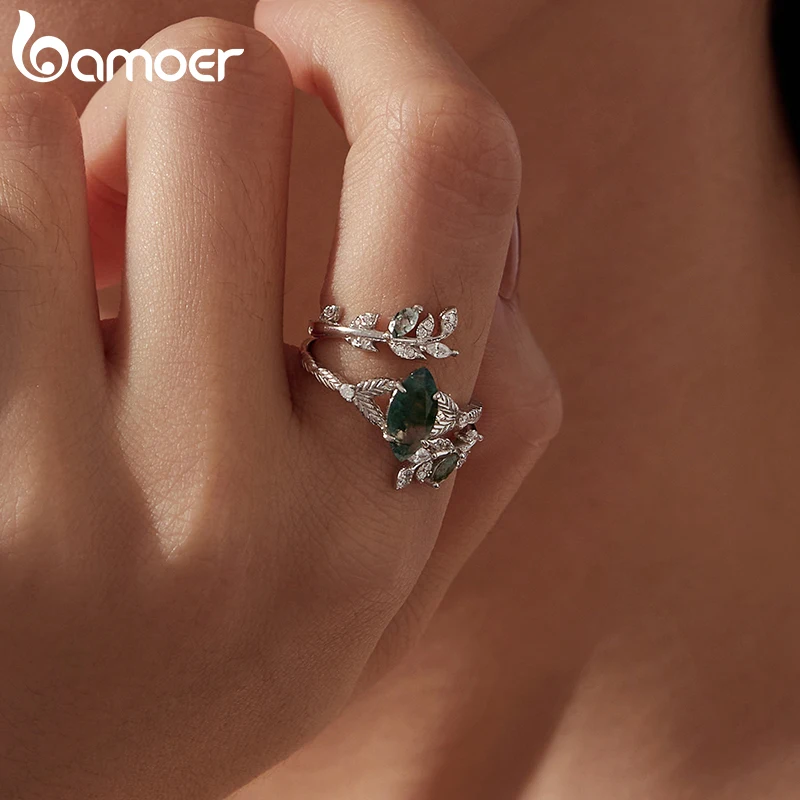 BAMOER Natural Moss Agate Leaf Ring 925 Sterling Silver Stackable Plants Rings Set for Women Party Fine Jewelry Gift 3