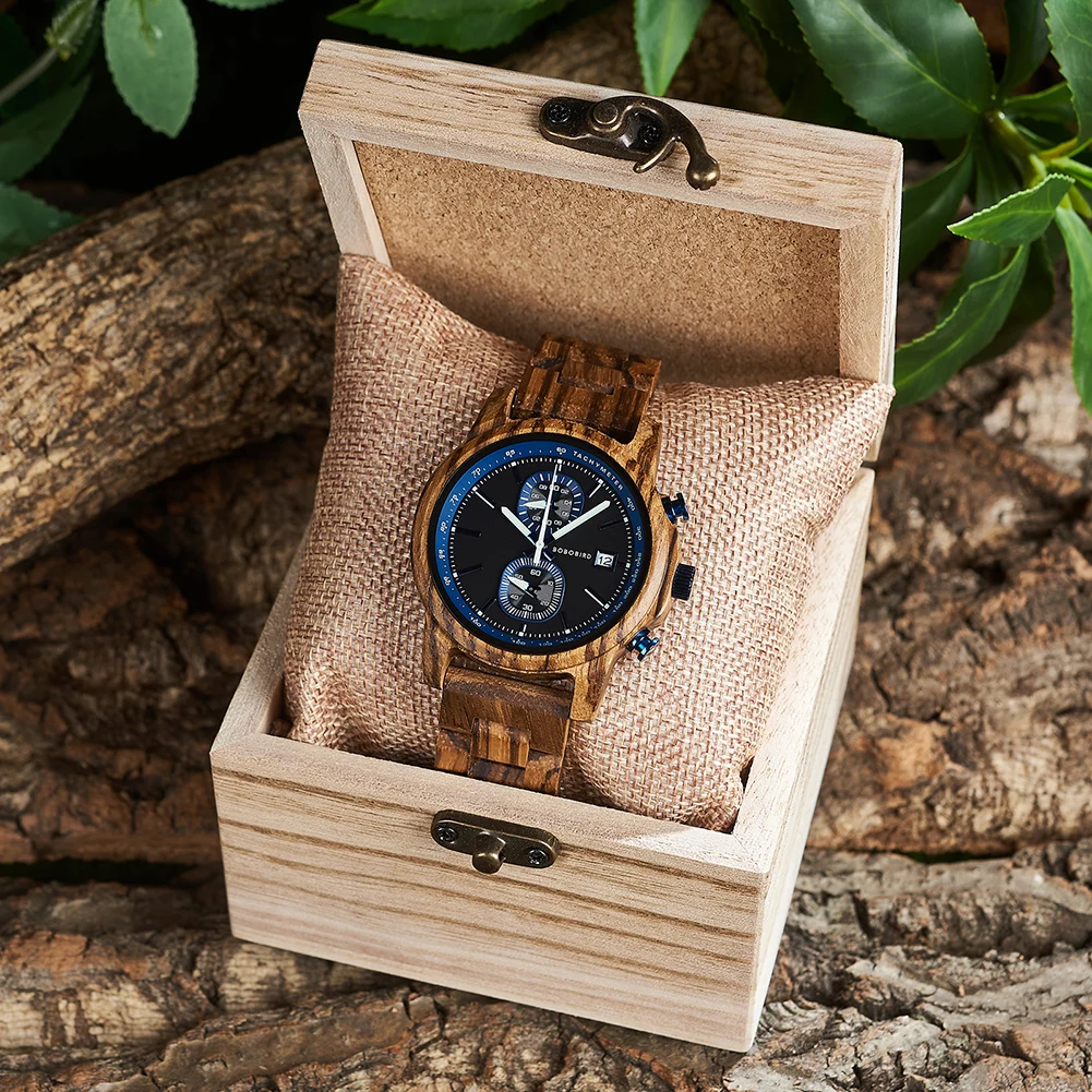 BOBO BIRD Mens Wooden Watches Walnut Wood Watch Blue Wristwatch Chronograph Luminous Hands Date Display Anniversary Gift