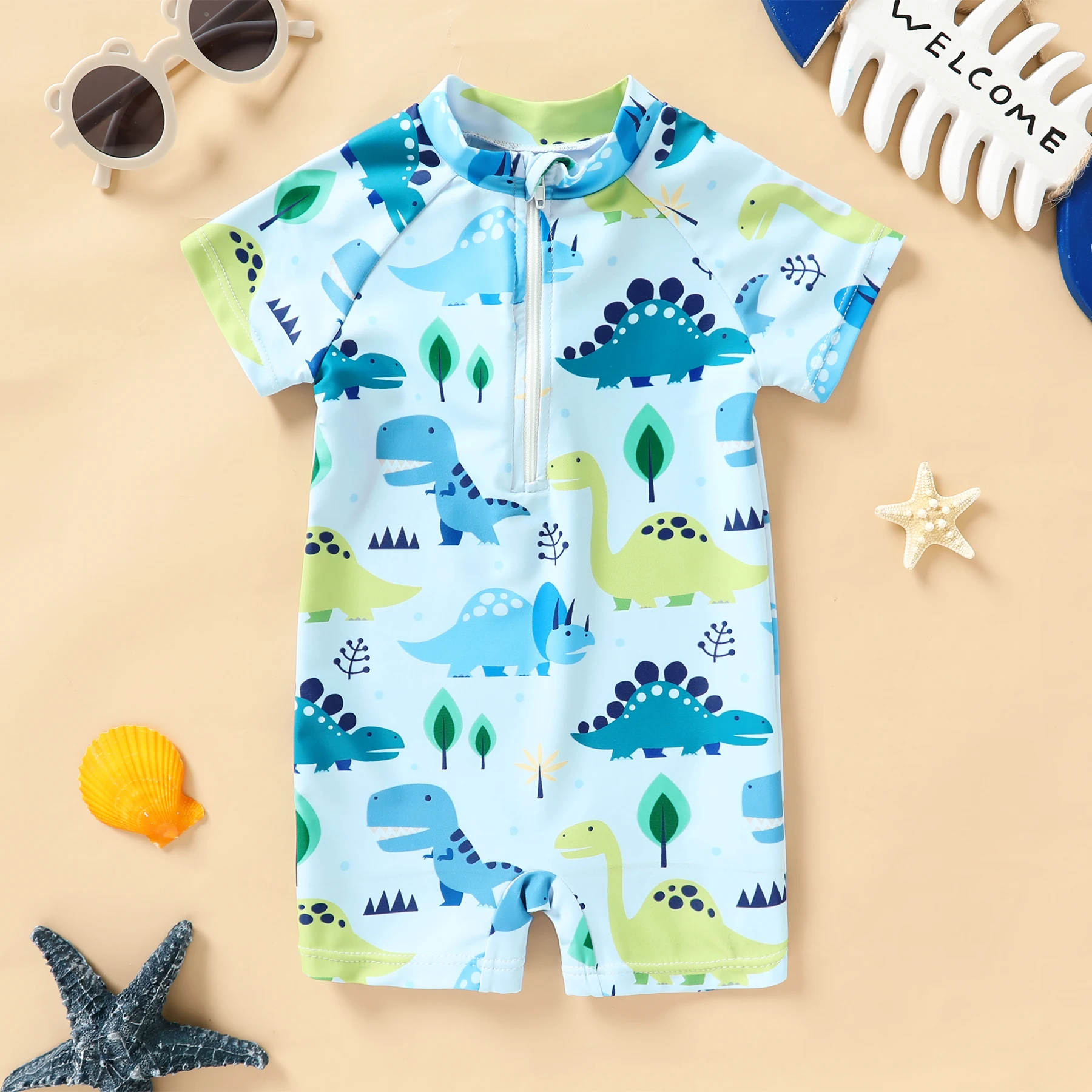 Newborn Baby Boy Swimsuit One Piece Zipper Printed Tight Fitting Short Sleeve Beach Swimwear Bathing Suit