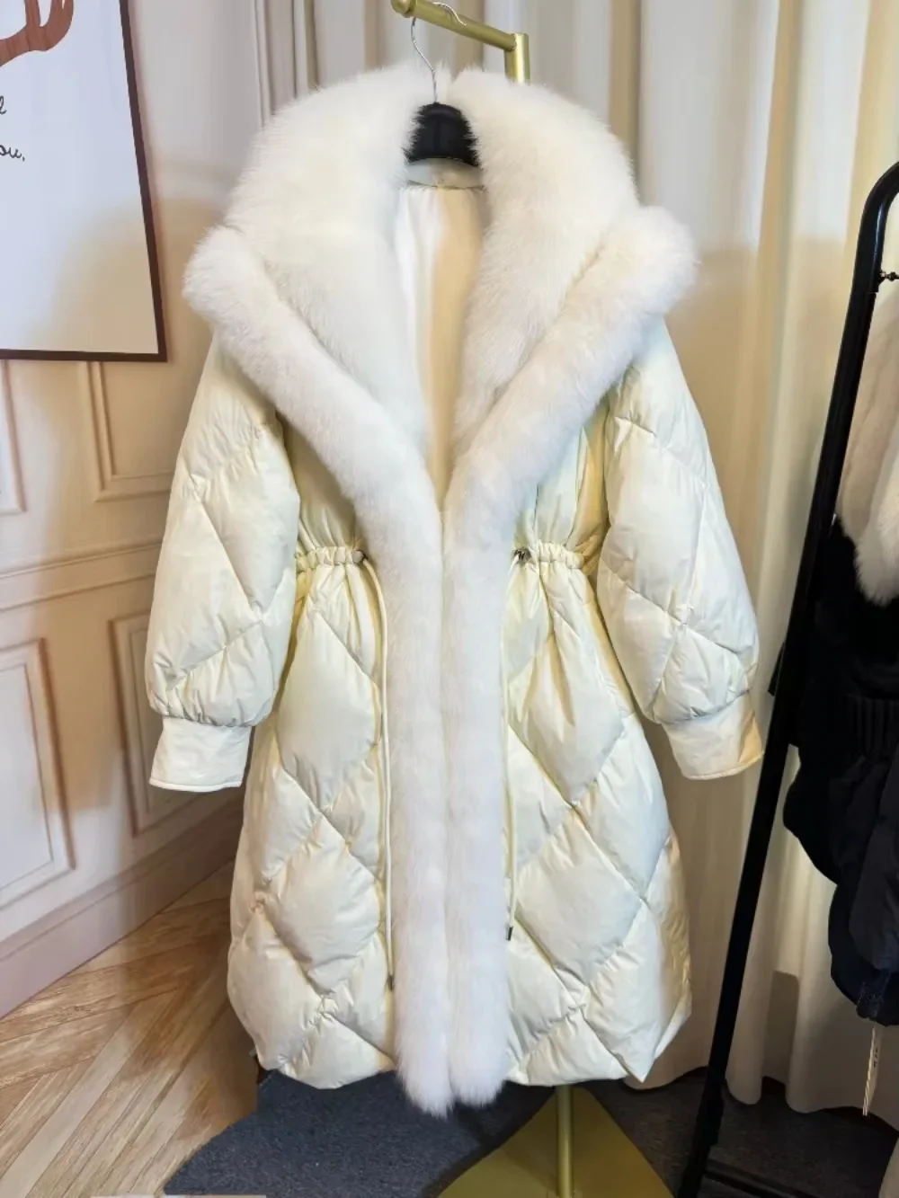 Long Fur Coat Warm Real Fox Fur Coat New European Fashion Winter Luxury Turn-down Collar White Goose Down Jacket Women