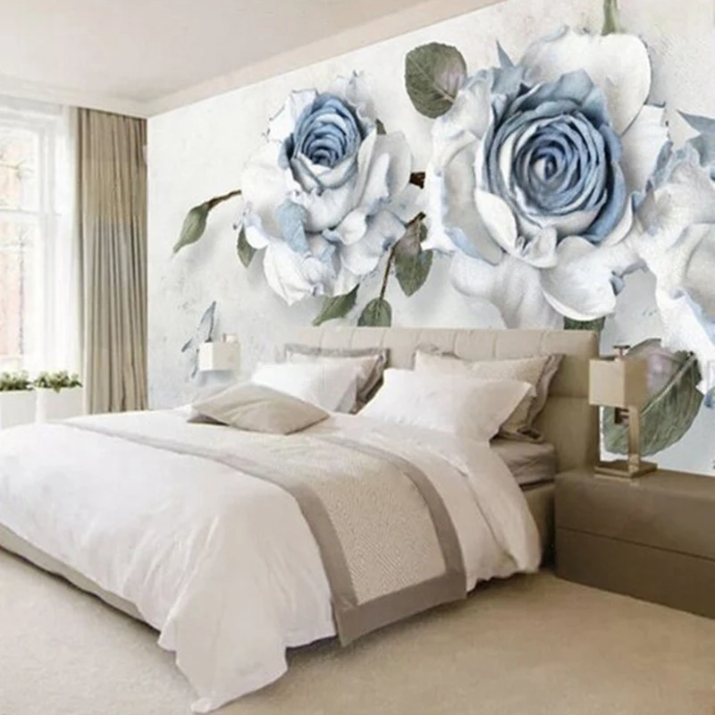 Modern minimalist blue rose flower branch butterfly relief custom wall sticker poster wallpaper-pastoral flower sea rural scener