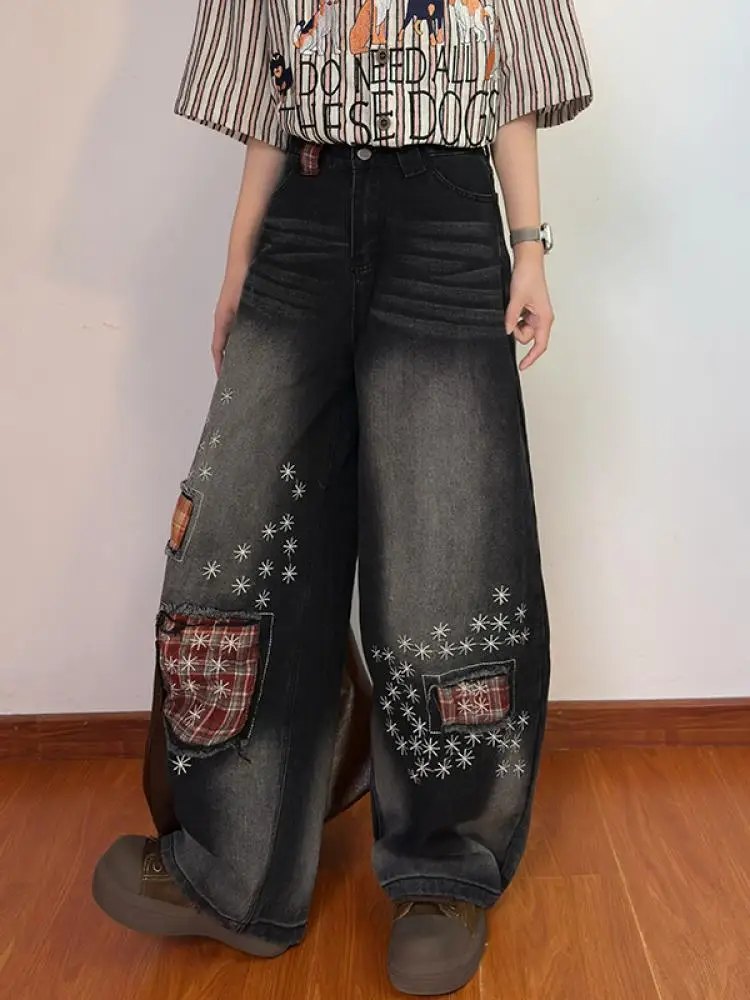 

Original Retro Spring New Hole Plaid Splicing Jeans Loose Floor-Length Wide Leg Pants Trendy Relaxed Fit l Waist Long P...