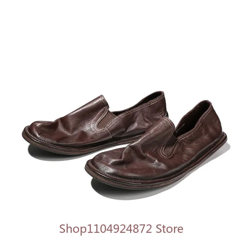 Handmade Horsehide Men Flats Vintage Wrinkle GenuineLeather Loafers Slip on Elastic Side Soft Sole Walking Driving Shoes
