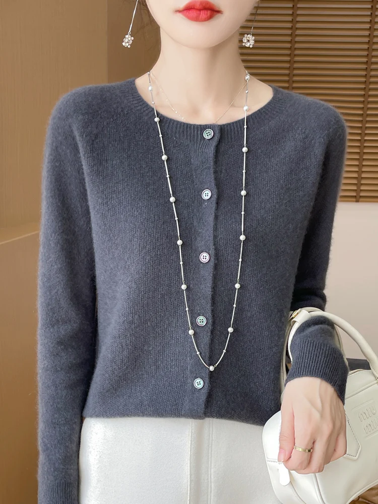 

Autumn 100% Merino Wool Knitwear Women Sweater O-Neck Solid Color Osmanthus Needle Cardigan Comfottable Soft Tops Classic Style