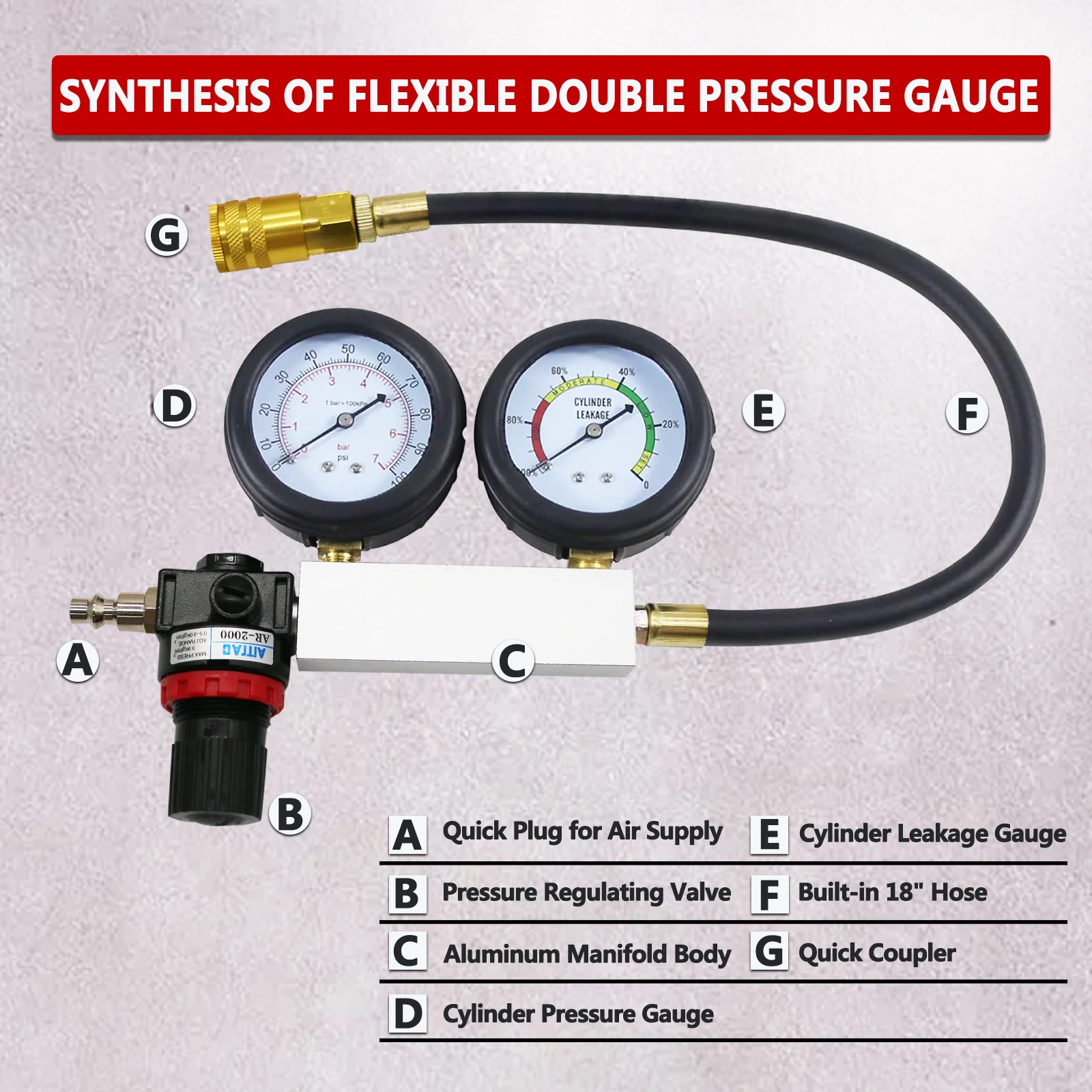 New Cylinder Leak Tester Compression Leakage Detector TU-21 Double Gauge Petrol Engine Leakdown Detection Compression Test Tool