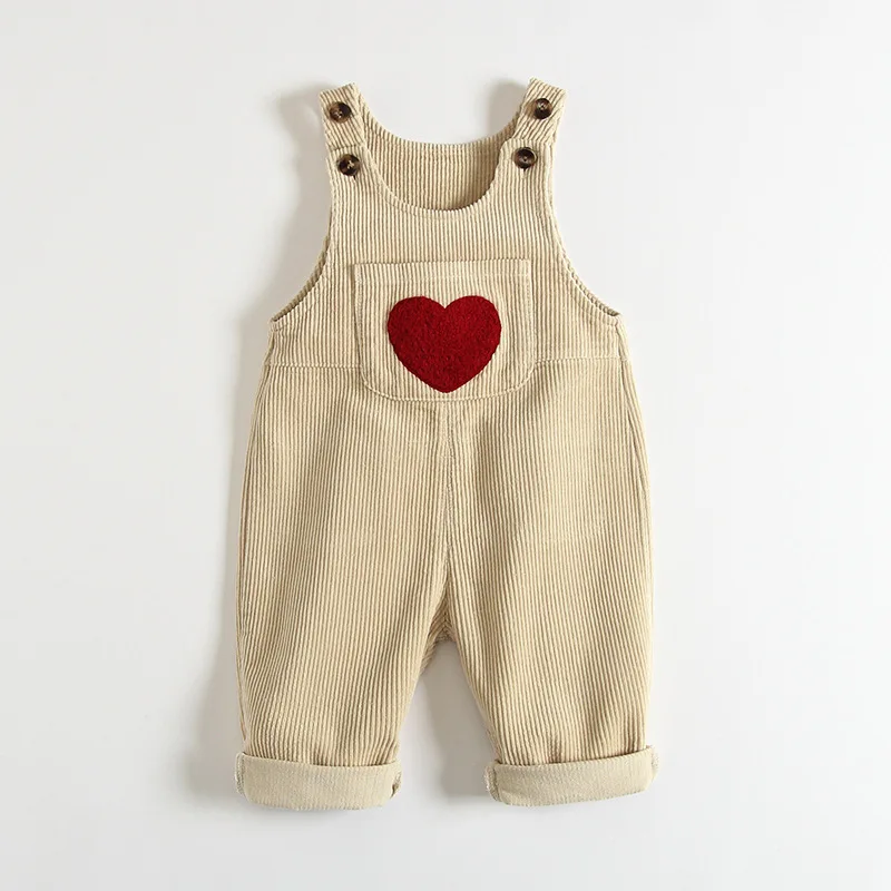 

2024 New Baby Clothes Girl Embroidery Love Corduroy Overalls Retro Boy Ribbed Suspenders Jumpsuit Cotton Loose Children Trousers