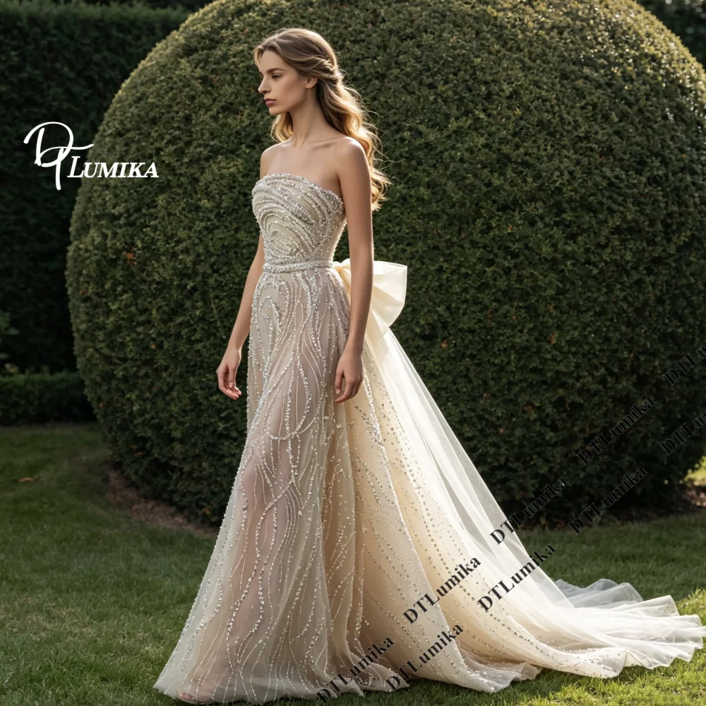 Strapless Champagne Mermaid Wedding Dress Crystal Beaded Tulle Bridal Gown Big Back Bow Sweeping Train Luxury Bride Gown
