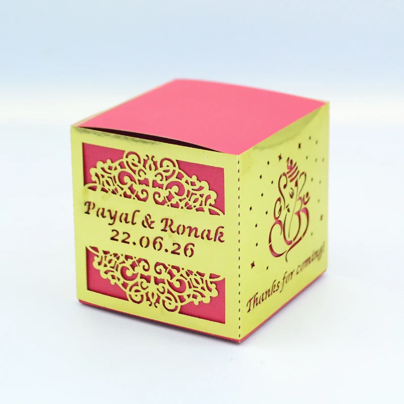 

Personalized Elephant Design Gold Red Indian Hinduism Laser Cut Ganesh Style Wedding Small Gift Boxes