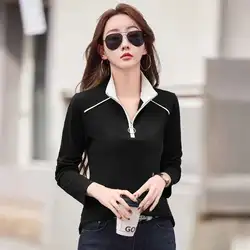 #0370 Office Long Sleeve T Shirt Women Turn-down Collar Zipper Split Joint Solid Color Women's T-shirt Cotton 95% Slim Spring