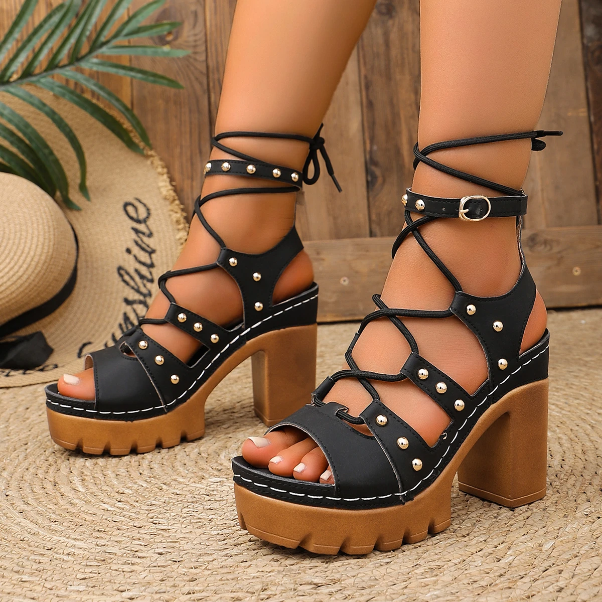 

Fashion Rivet Chunky Platform Sandal Women Ankle-Strap Wedge High Heel Sandals Woman Plus Size Double Buckle Sandal Mujer