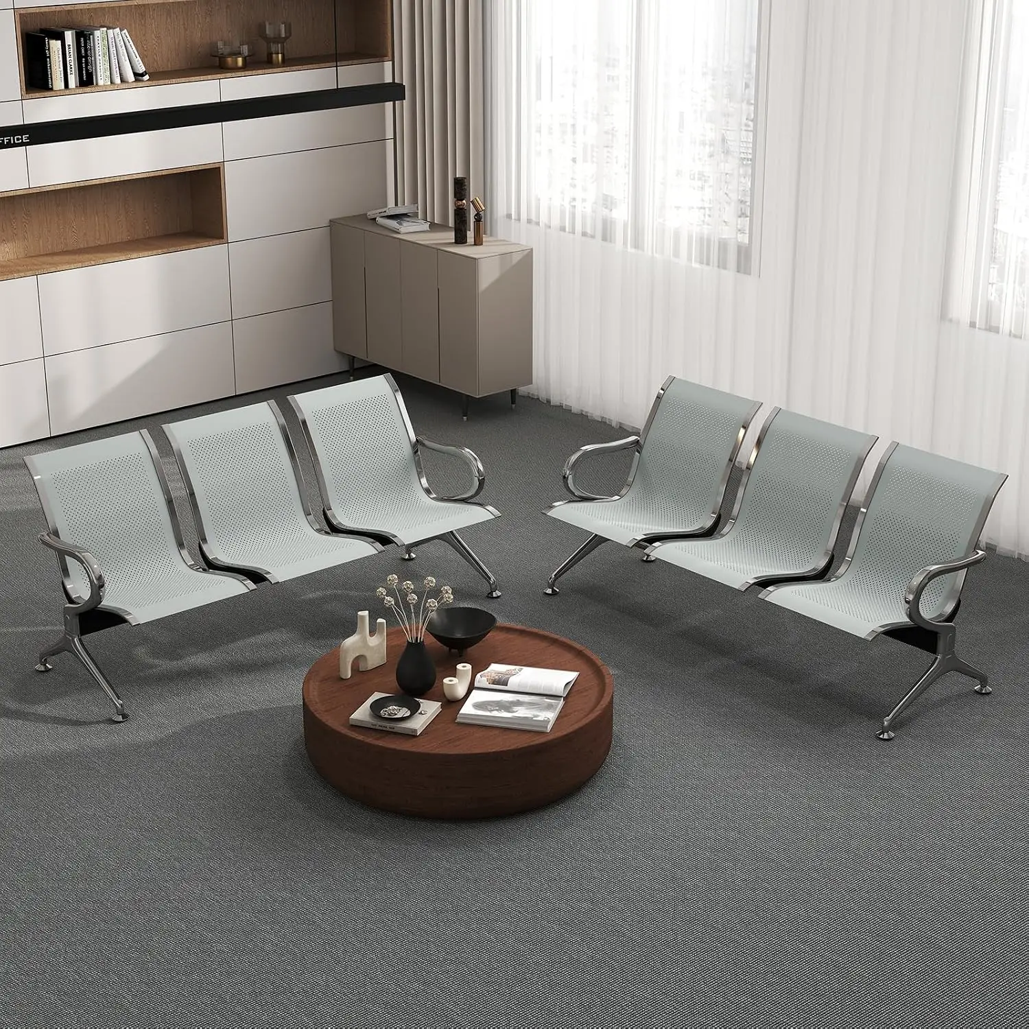 Silver 6-Seat Waiting Room Bench Set, Office Reception Chair with Armrests for Airport Lobby Hospital Bank Salon