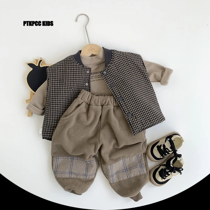 Autumn Winter Kids Reversible Cotton Vest 2025 New Winter Korean Style Plaid Shawl Waistcoat Toddler Boys Girls Warm Vest