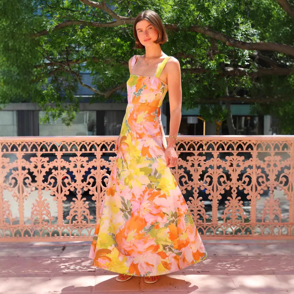 Verão novo estilo de férias europeu e americano vestido suspender flor pêndulo vestido