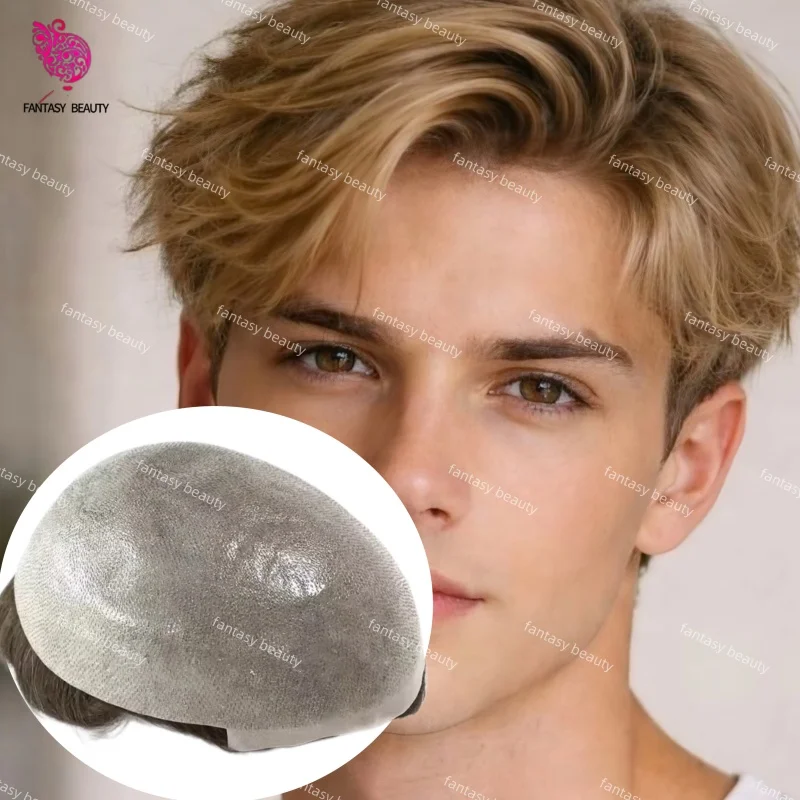 

# 22R # 18 # Мужской парик-накладка из натуральных волос, светло-коричневый блонд 613, плотность 110-130%, суперпрочная, 0.06-0.08 мм, на полной полиуретановой основе, система замещения волос