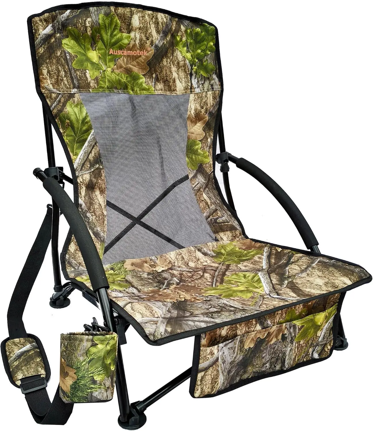 Low Profile Hunting Chair, Portable Folding Camo Chair with Cup Holder, Mesh Back, Shoulder Strap & Carry Bag