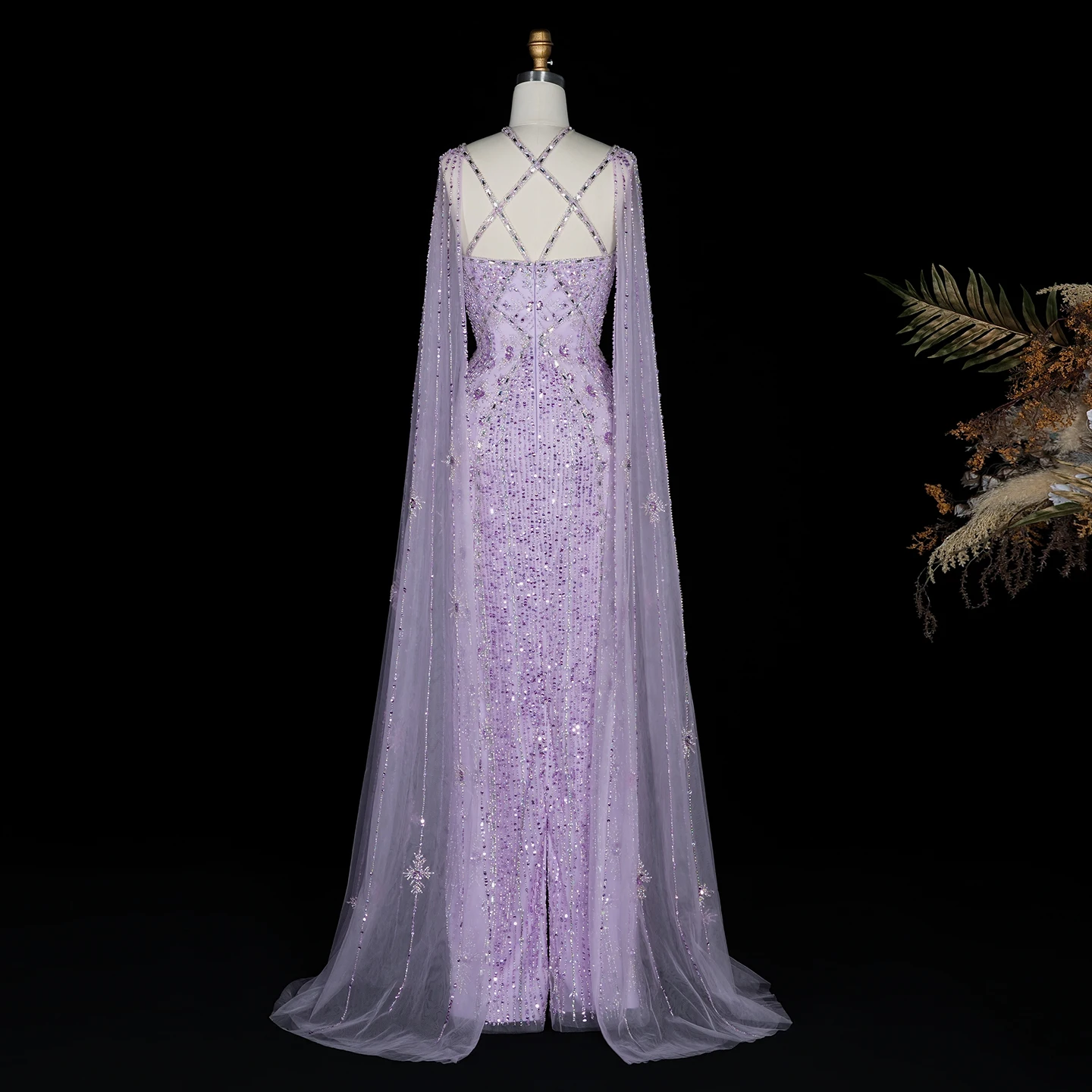Sharon Said Dubai Champagner Meerjungfrauen-Abendkleider mit Cape-Ärmeln Aqua Criss Cross Flieder Hochzeits-Partykleid SS391 Maßanfertigung – Detail 17