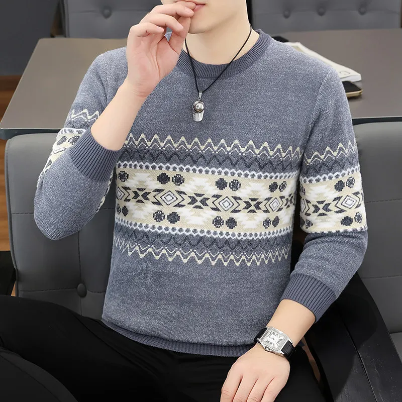 

Men's Knitted Sweater Faion Urban Sle Inner Wear Base irt Retro Ethnic Flora Patterned Faux Fur Woolen Autumn Winter