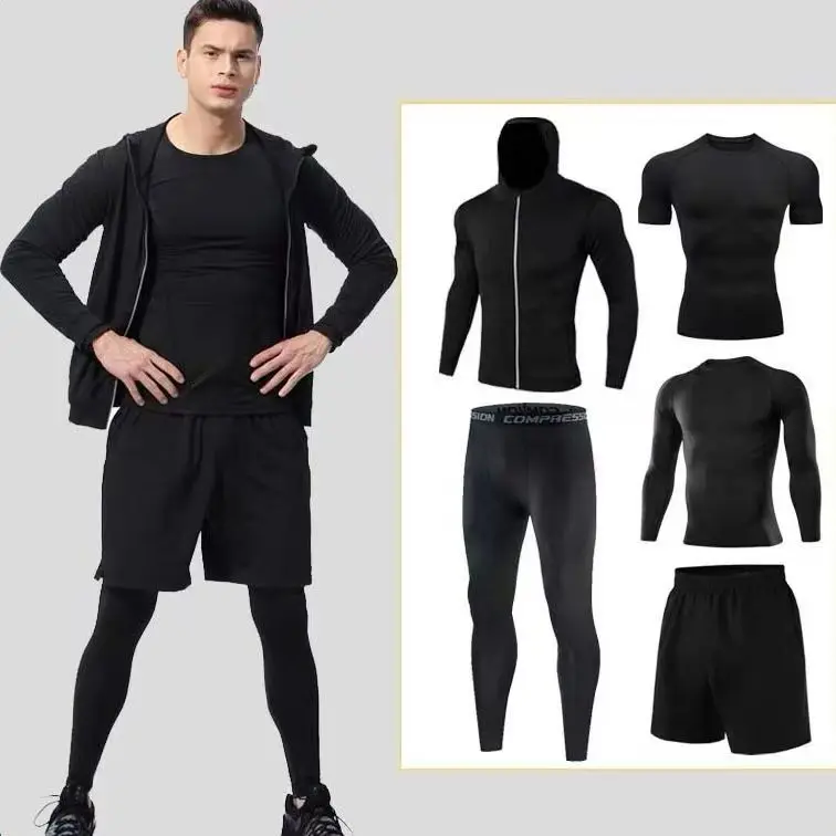Set da allenamento da uomo ad asciugatura rapida da 5 pezzi: abbigliamento da palestra a compressione per corsa, allenamento e basket