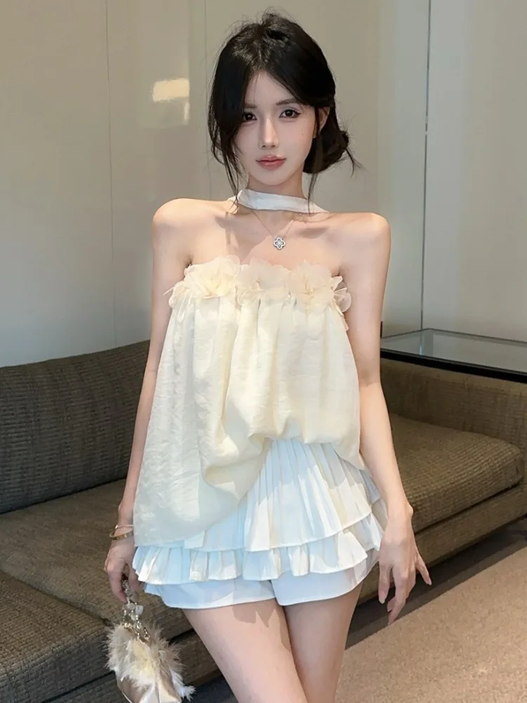 

Sweet One-Shoulder Ruffle Hem Midi Skirt Set Women's Pure Desire White Gauze Blouse Loose Fit Korean Style Summer Outfit