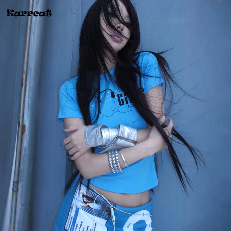 Karrcat Trashy Y2k Letter Print T-shirt Grunge Aesthetics Short Sleeve Crop Tops Vintage 2000s Style Streetwear American Retro
