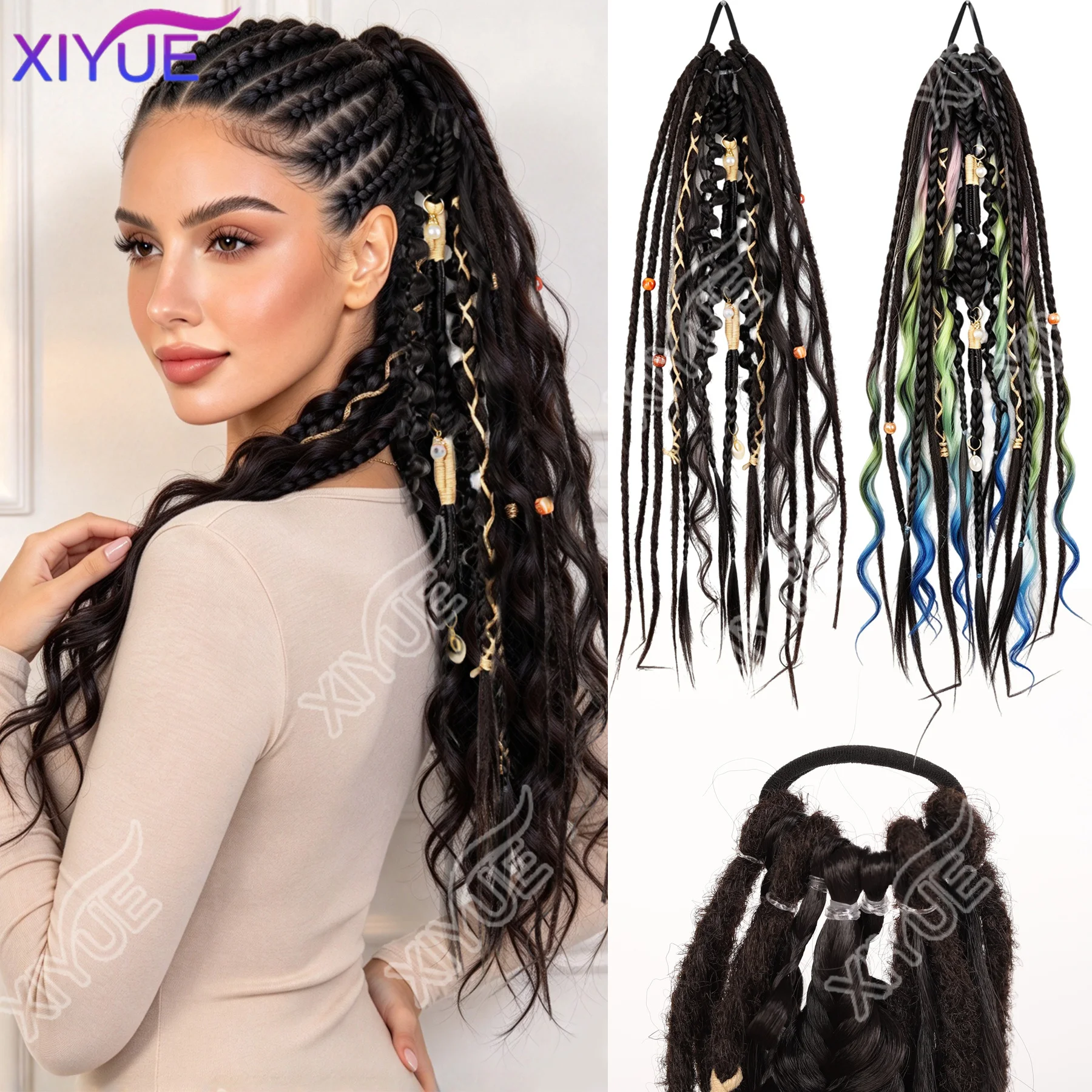 XY Women Boho Braided Dreadlock Ponytail Extensions Synthetic Dreads with Beads Braid Ponytail Hair for Festival Party Cosplay