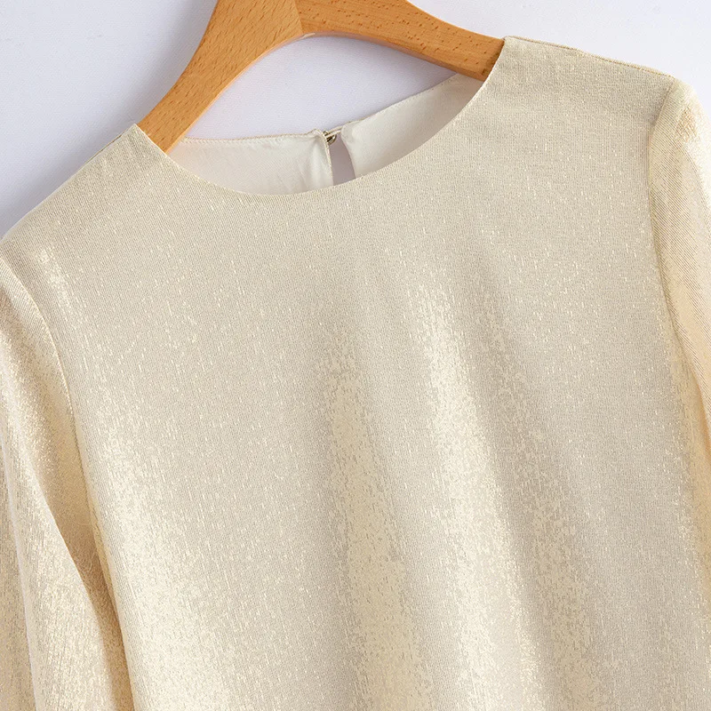 Birdsky, 1PC Women pullover blouse loose top shirt office lady long sleeve 78% real mulberry silk beige golden line, S-800