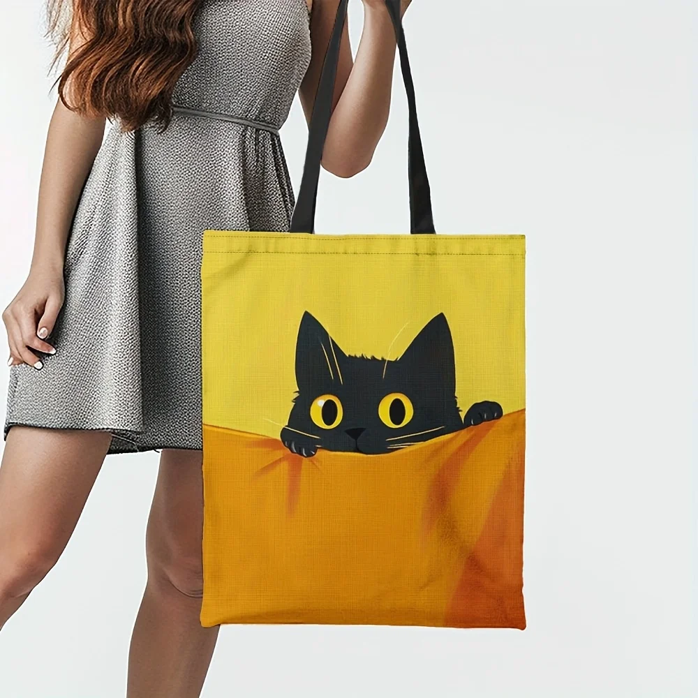 حقيبة حمل من البوليستر بتصميم قطة سوداء أنيقة قطعة واحدة - أصفر نابض بالحياة وبرتقالي، حقيبة تسوق كاجوال على الكتف #2