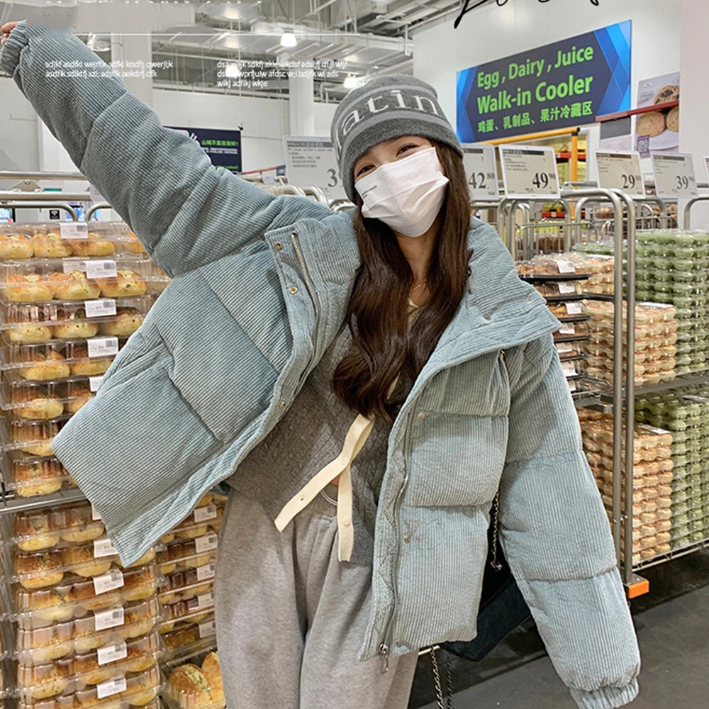 

High Collar Corduroy Short Down Cotton Coat For Women Winter New Thickened Student Bread Coat Zipper Style Cotton Jacket