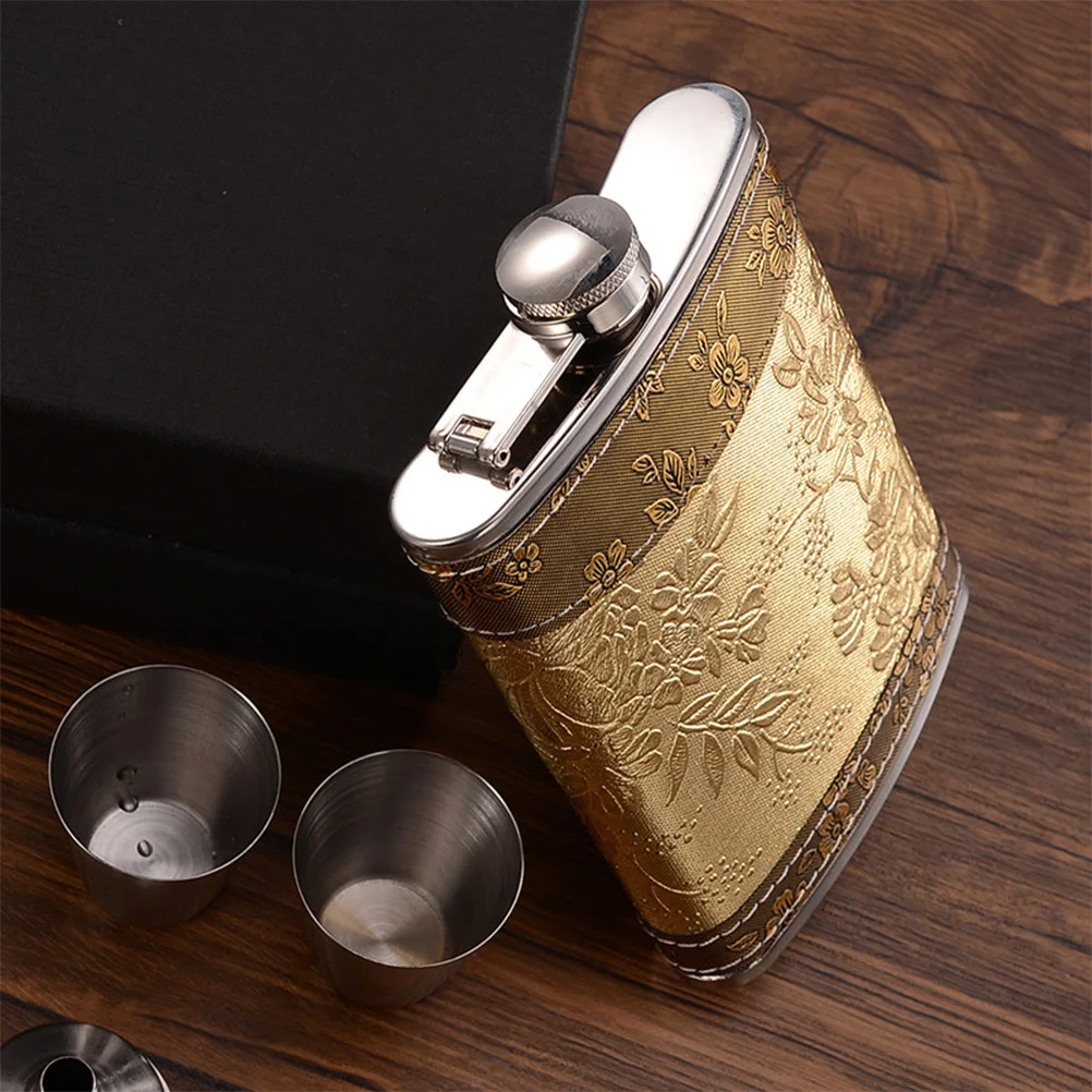 

Stainless Steel Portable Flask Golden Retro Pattern Pocket Size Leakproof for Hiking Traveling Gift Lid Jug with Lid