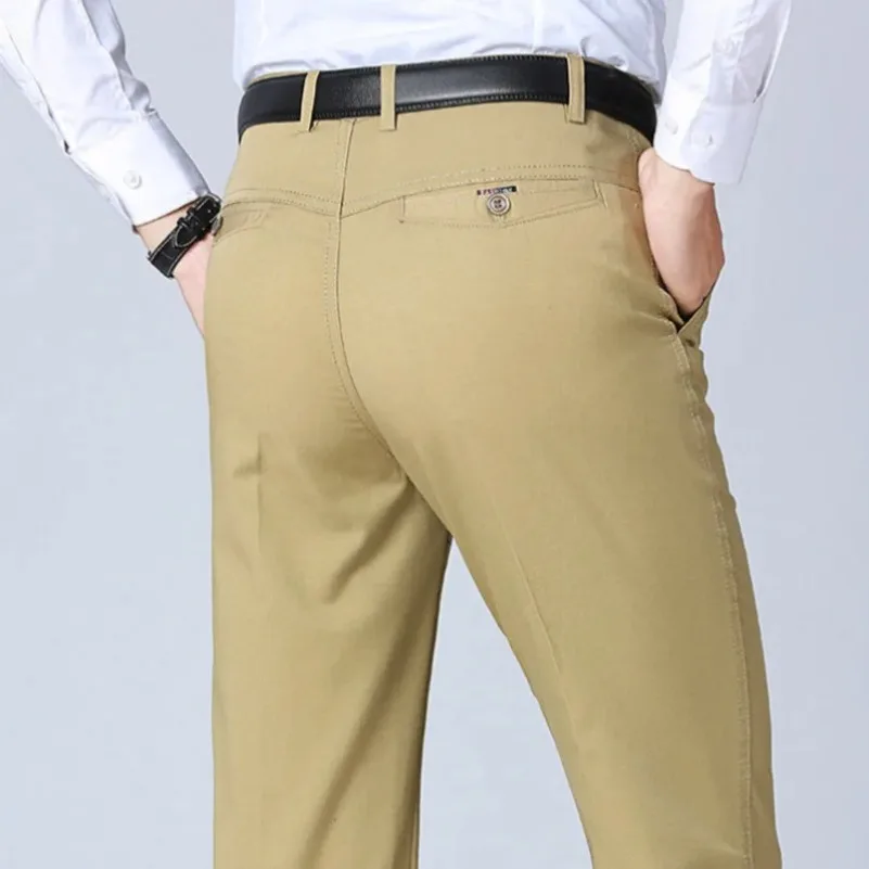 Men's Spring Autumn 100% Cotton Casual Pants Straight Slacks High Waists Dad's Thin Thick Breathable Male Suit Trousers KOACUS