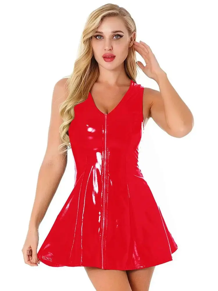 S-5XL Sleeveless Shiny Faux PU Leather A-line Dress Wet Look PVC Dresses Tights Sexy Sundress V-neck Vestido Minifalda Miniskirt