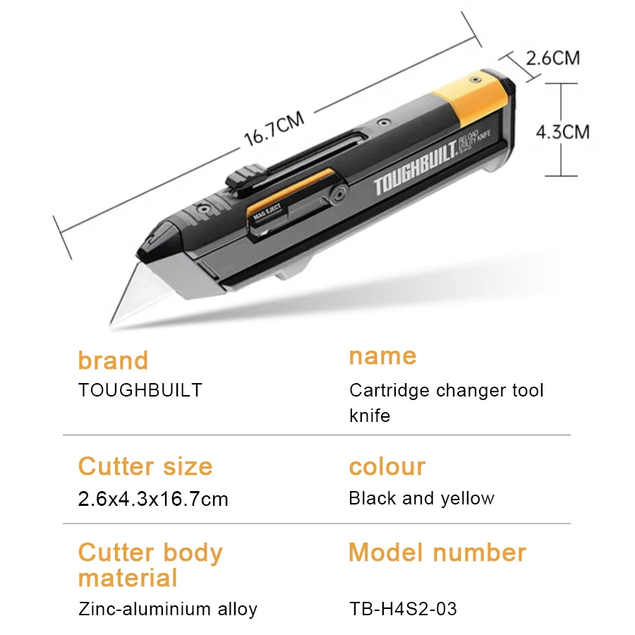 ToughBuilt TB-H4S2-03 Heavy Duty Retractable Utility Knife + 2 Blade Mags for Cartons, Cardboard and Boxes