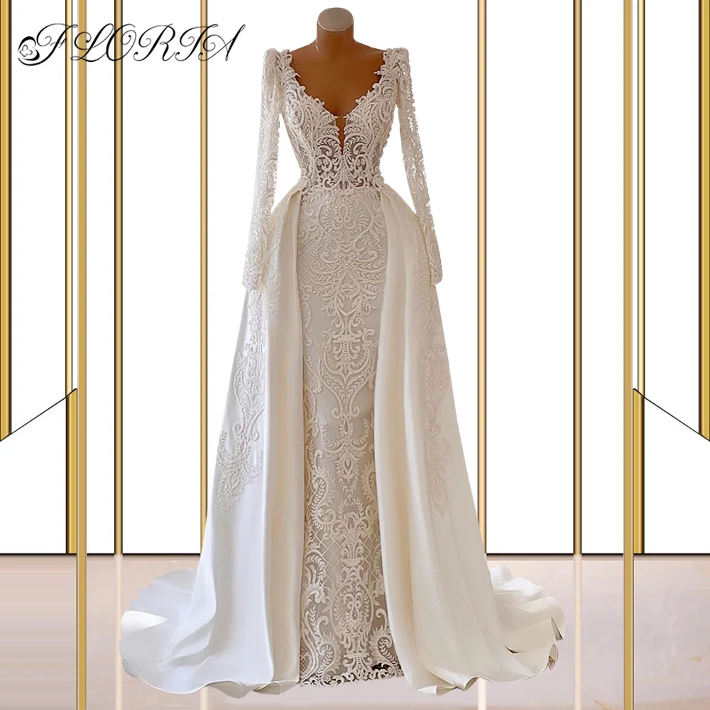 Dubai White Beaded Lace Wedding Dresses 2022 With Overskirt Women Luxury Muslim Mermaid Satin Bride Dress Long Sleeve Party Gown