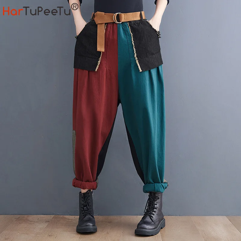 

Jeans High Waist Women Denim Cotton Harem Pants with Belt Patchwork Colours Block 2022 Autumn Loose Casual Long Trousers