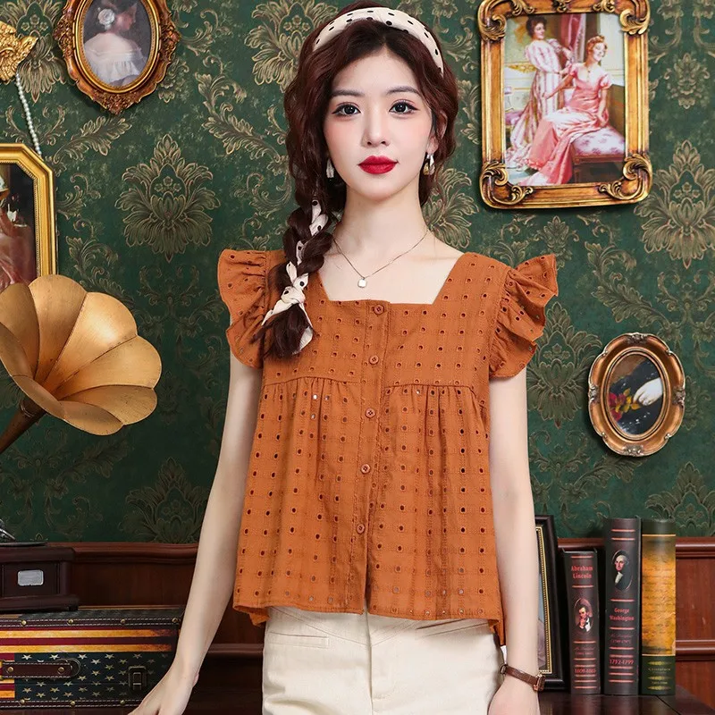 

100% Cotton Casual Shirt Women New 2024 Summer Korean Style Square Collar Hollow Out Ladies Short Sleeve Tops Shirts W1770