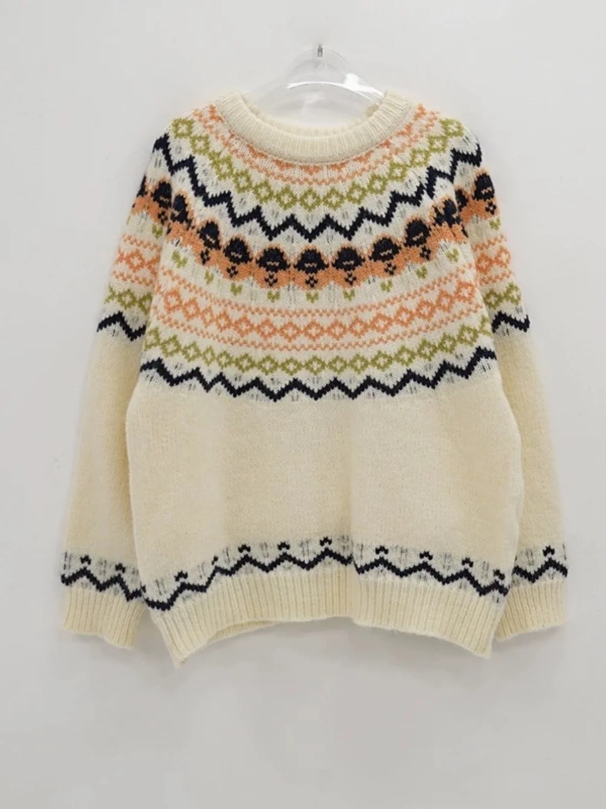 두꺼운 니트 크리스마스 스웨터 라운드넥 빈티지 블루 플로럴 패턴 여성 겨울 따뜻한 상의 패셔너블한 출퇴근 스타일