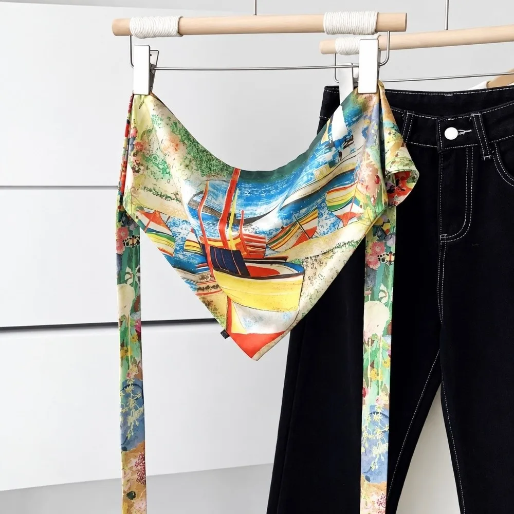 Landscape Print Irregular Scarf Belt Satin Self Tie Bow Waist Sash Scarf Unisex Multifunctional Printed Scarf Belt Spring Autumn