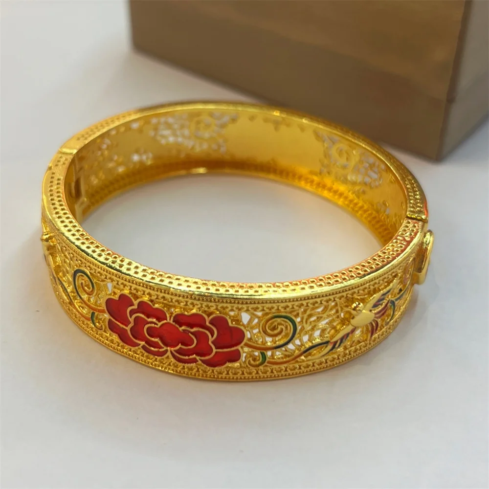 ouyadi-14k-gold-plated-stainless-steel-hinged-cuff-bangle-hollow-filigree-inlaid-red-enamel-peony-women-jewelry-gift