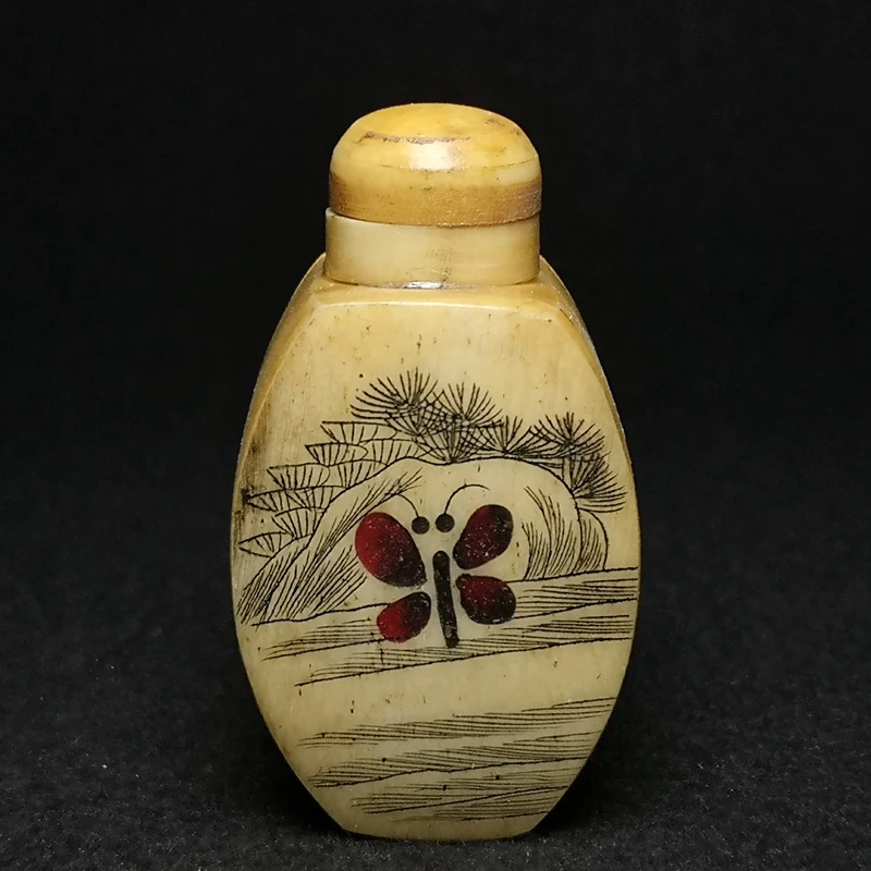 YIZHU CULTUER ART Size 5 × 2.8 cm Old Chinese Hand Carved Inlay Dragonfly Butterfly Statue Snuff Bottles