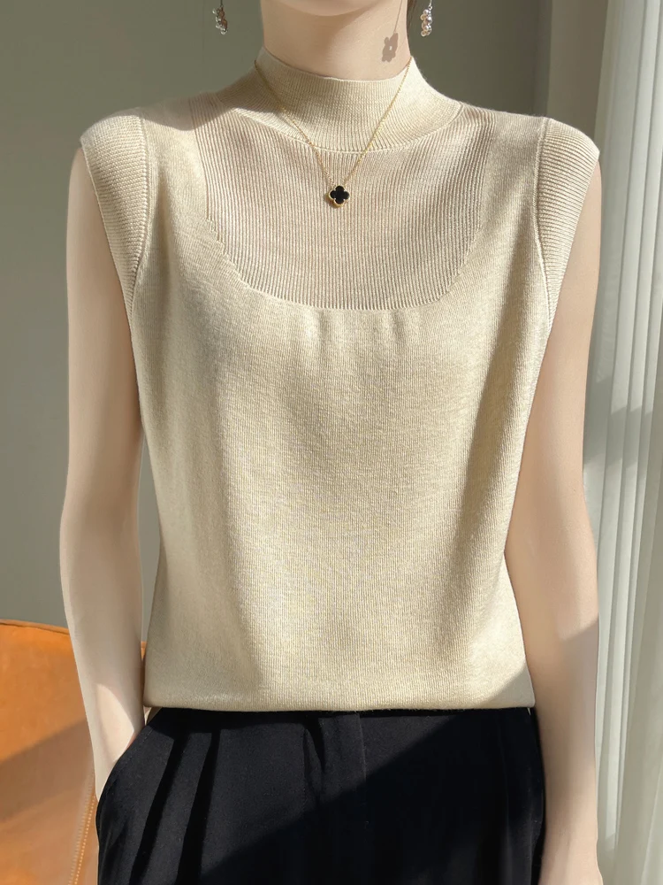 Wool New Arrival T-Shirt Women's Sweater Vest Half High Collar Sleeveless Pullovers High Elasticity Slim Fitting Knitted Jumpers